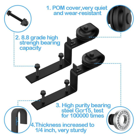Bypass Barn Door Hardware Kit With Heavy Duty Roller Anti Jumper Floor Guide Stopper And Accessories Easy Install Quiet Operation J Shape Offset Style Track System For Doors Up To 200 Lbs, showing black rollers and hardware components.
