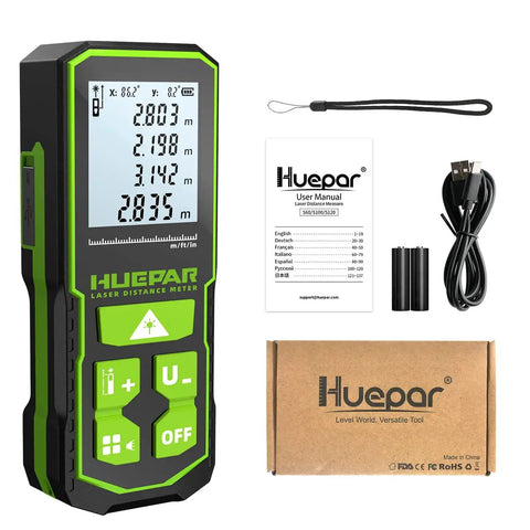 Workhorse Laser Distance Meter With 328 Ft Range, Rechargeable Battery, display, strap, cable, and manual included.