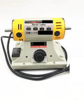 AOXHUGB 350W Multi-Function Lapidary Machine Wet Polishing Lathe on a bench with power controls and yellow motor.