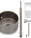 Heavy Duty Tungsten Carbide Concrete Hole Saw Kit With Five Inch Drill Bit And Long SDS Plus Shank Rod showing drill bit, shank, and hex wrench.