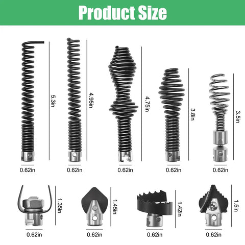 Heavy Duty Drain Snake Auger Drill Attachments 10 Pack showing various sizes and shapes for clearing stubborn clogs.