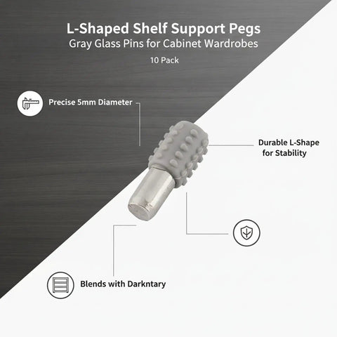 Heavy Duty L-Shaped Shelf Pegs for Cabinets and Wardrobes, Gray Glass Pins Fit 5mm Holes, 10 Pack illustrated