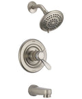 Go-To Classic Tub And Shower Faucet In Stainless Finish With Single Handle Lever, visible showerhead and faucet set