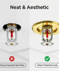 Comparison of messy sprinkler without Top Shelf Fire Sprinkler Escutcheon Covers and clean look with golden trim installed.