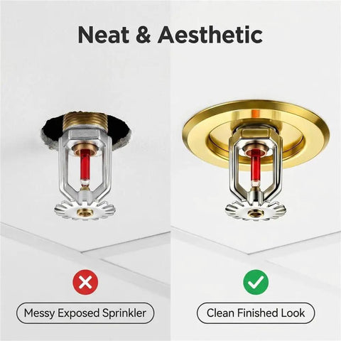 Comparison of messy sprinkler without Top Shelf Fire Sprinkler Escutcheon Covers and clean look with golden trim installed.