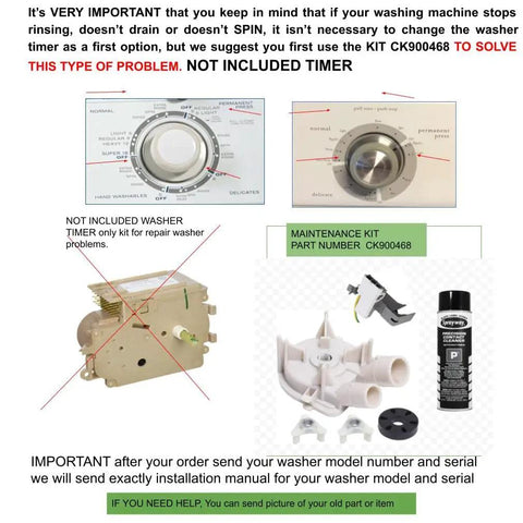 Image showing maintenance kit components and instructions for washer repairs, excluding Washer Timer Replacement CKD47P024X Non OEM Compatible With GE And Hotpoint Fits Old And New Serial Numbers Easy Swap Replacement Part For Worn Timers Great Value.