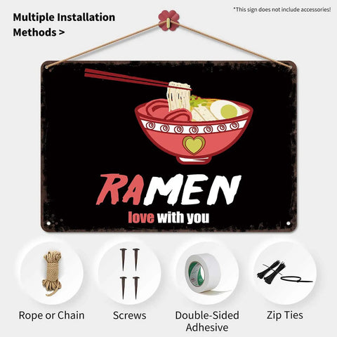 Ramen Love Dope Vintage Rustic Metal Tin Sign 8x12 Inch Wall Art with pre-drilled holes, showing ramen bowl design.