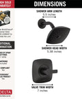 Modern 14 Series Matte Black Shower Faucet Trim Kit With Head And Handle Set T142339-BL-PP Valve dimensions shown.