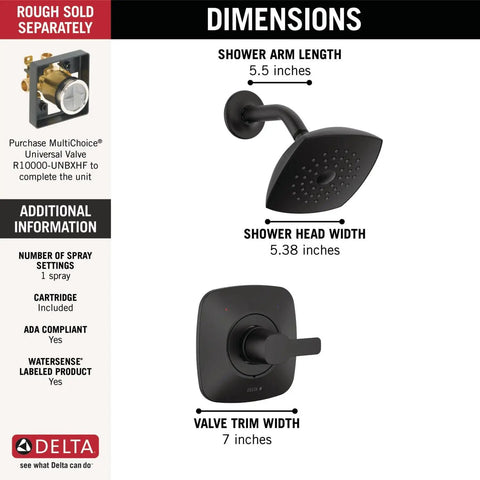 Modern 14 Series Matte Black Shower Faucet Trim Kit With Head And Handle Set T142339-BL-PP Valve dimensions shown.