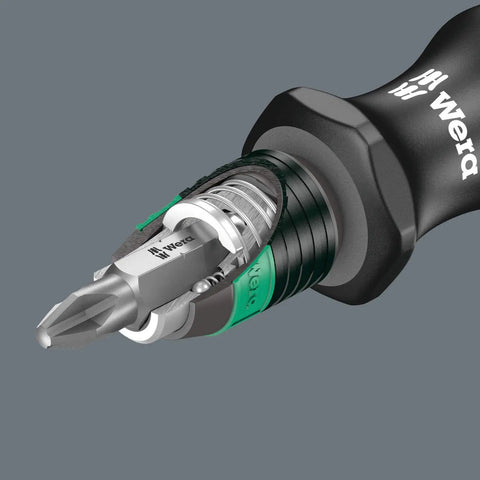 Close-up of Replacement Driver Bit Set With Rapidaptor Quick Release and bayonet blade integrated in black handle