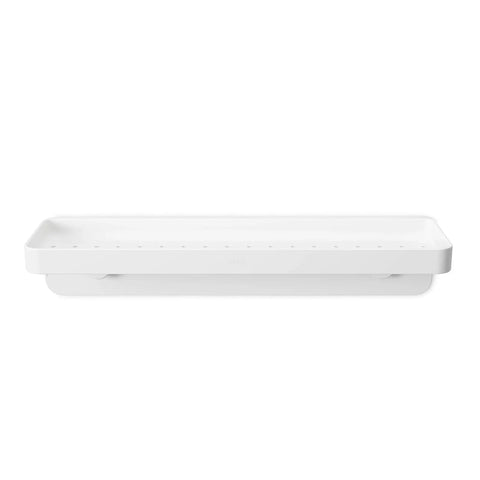 Adjustable Shower Shelf With Clean White Finish Zero Drill Install 72 To 144 Inch Expandable Rack Slick Bathroom Storage Shelf That Lets You Kick Counter Clutter And Keep Your Bathroom Sharp