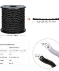 Retro Style Twisted Cloth Covered Wire 50Ft 18 Gauge 2 Conductor Vintage Fabric Lamp Cord Black For Pendant Lighting And DIY Projects Ultra Durable PVC Insulation, shown on spool with material details.