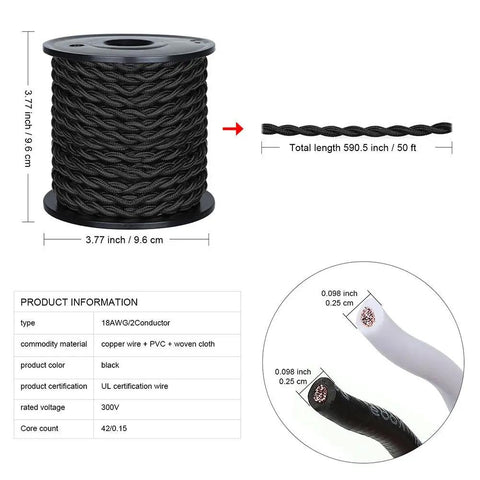 Retro Style Twisted Cloth Covered Wire 50Ft 18 Gauge 2 Conductor Vintage Fabric Lamp Cord Black For Pendant Lighting And DIY Projects Ultra Durable PVC Insulation, shown on spool with material details.