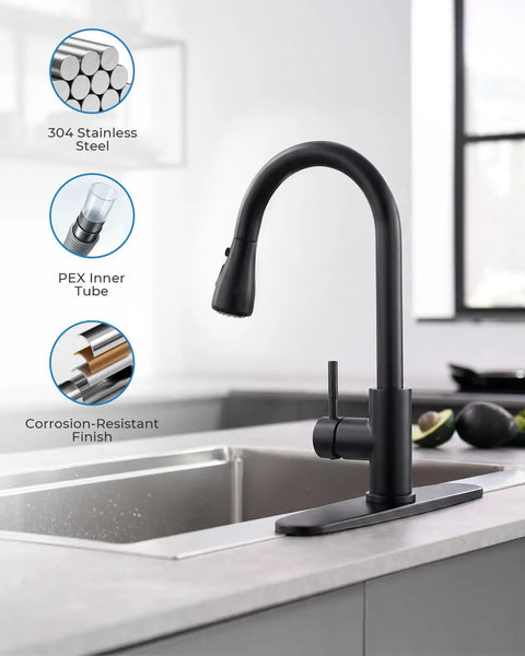 VFAUOSIT Kitchen Faucet with Pull Down Sprayer, Matte Black High Arc with 304 stainless steel design and corrosion-resistant finish
