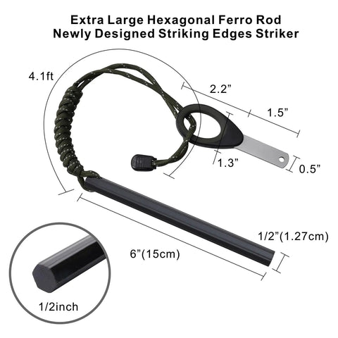 Six Inch Ferro Rod Fire Starter Kit With Paracord Lanyard Handle And Striker, hexagonal ferro rod and striker dimensions