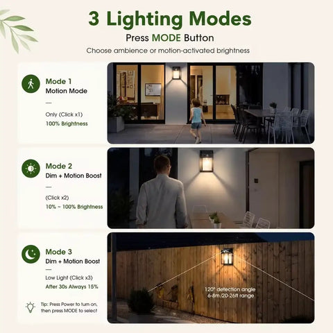 Outdoor Solar Porch Lights 2 Pack Featuring Motion Sensor And 3 Lighting Modes, displaying 3 lighting modes for outdoor use.