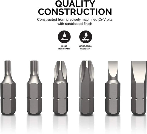 Close-up of Cr-V steel bits from Security Bit Set 100 Piece Cr V Steel With One Quarter Inch Adapters Includes Phillips Slotted Hex Torx