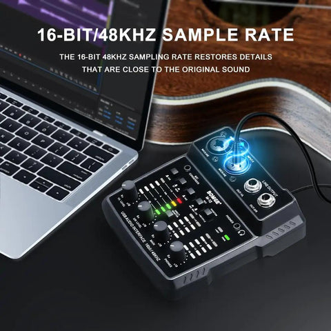 M12 USB Audio Interface With 2 Channel Mixer XLR And 3.5mm Input 48V Phantom Power connected to a laptop showcasing sample rate