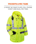 GloWear 8365 Rain Jacket High Visibility Reflective ANSI Compliant Lime with pockets, mic tabs, and snap flaps