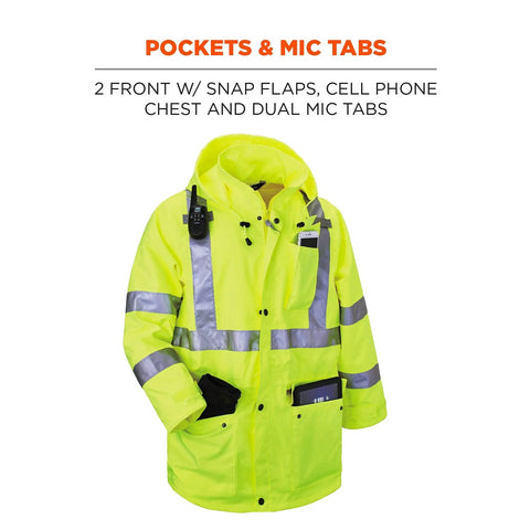 GloWear 8365 Rain Jacket High Visibility Reflective ANSI Compliant Lime with pockets, mic tabs, and snap flaps