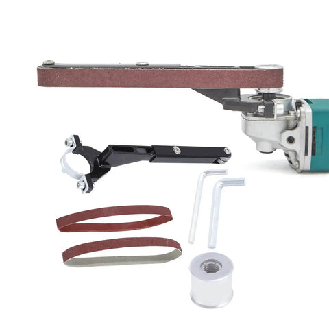 Badass Electric Belt Sander Attachment Transforms Standard Angle Grinder Into versatile pipe sander with sanding belt and accessories.