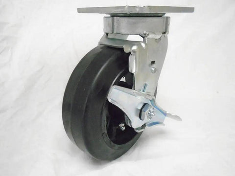 Pro Grade Swivel Caster With Kingpinless Build And Trusty Top Lock Brake Housing A Bombproof Six Inch Rubber Wheel On A Steel Hub Handling Five Fifty Pounds Built Damn Tough For Tool Boxes And Mobile Carts, single rubber caster with brake and steel hub.