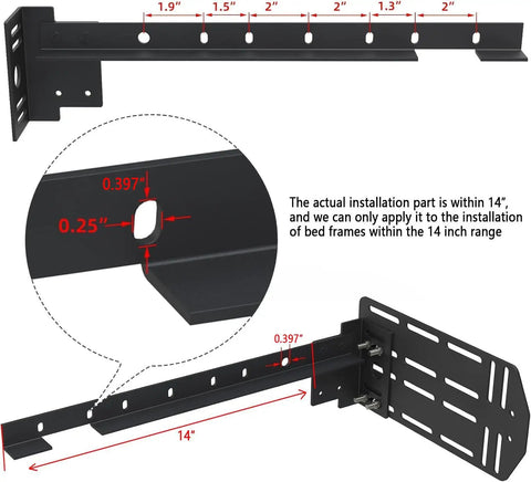 Rock Solid Adjustable Bed Frame Extension Brackets With Bolt On Footboard Attachment Kit For Headboard Only Queen King Full And Twin Beds No Sweat Setup Rugged Build close-up showing measurements and installation details.