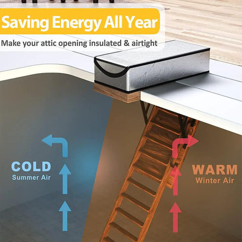 Attic Door Insulation Cover For 25 By 54 By 11 Inch Stairs, Heavy Duty Easy Install, No Frills Home Energy Saver With Zipper shown in use