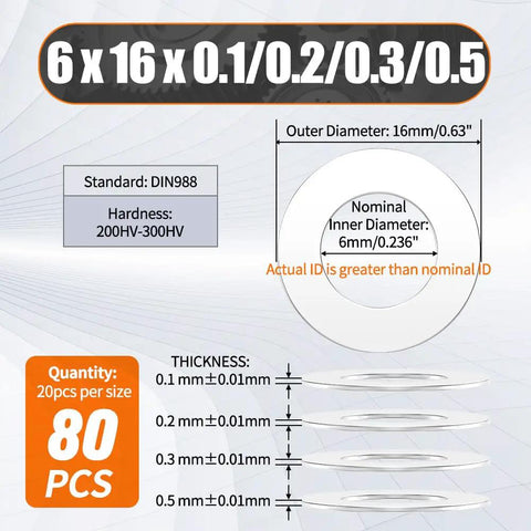 6 By 16 Shim Washer Precision Spacers Kit With 20 Stainless Steel Shims In 0.1 0.2 0.3 0.5 Mm Increments For DIY Friendly Precise Gap End Play Reduction And Alignment In Bearings Gears And 3D Printer Rails 304 Stainless, 6x16 sizes shown