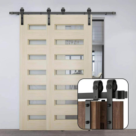 8Ft Bypass Sliding Barn Door Hardware Kit For Low Ceiling And Double Doors, Heavy Duty Carbon Steel Track System With Quiet Smooth Rolling Rollers, Overlapping Tracks, Supports Up To 200 Lbs, Corrosion Resistant