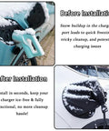Slick Magnetic EV Charger Cover For Jeep Wrangler 4xe protecting charging port from snow before and after installation.