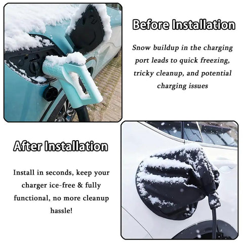 Slick Magnetic EV Charger Cover For Jeep Wrangler 4xe protecting charging port from snow before and after installation.