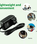 9V AC DC Power Adapter For Spirit Fitness X XE195 XE295 XE350 Elliptical Cross Trainer Recumbent Bike And Life Fitness Vision 003499D2 CT5500R Plug And Go Power Supply With Built In Safety Chip And Overload Protection, shown lightweight and convenient with office, study, hotel, and home use illustrations