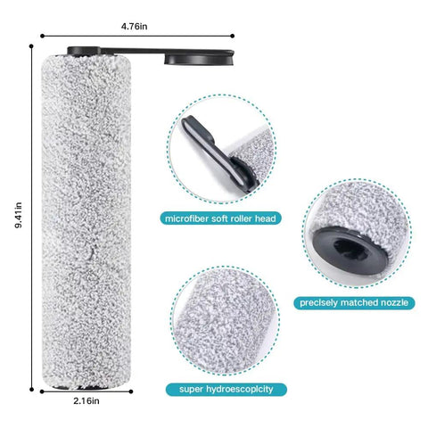 Replacement Brush Roller And Vacuum Filter For Floor One S5 Series, microfiber roller highlighted with measurements and features