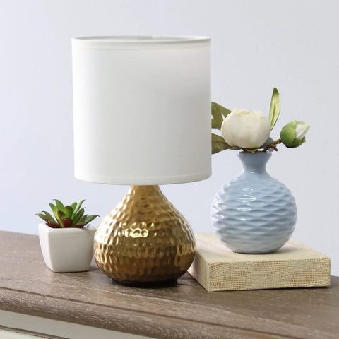 Hammered Gold Drip Table Lamp With White Fabric Shade Mini Size On Cord Switch 40W Type B Candelabra Bulb Not Included on tabletop