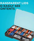 Handy Small Parts Organizer Box Set With 17 Compartments And 12 Removable Dividers, clear lid open showing contents.