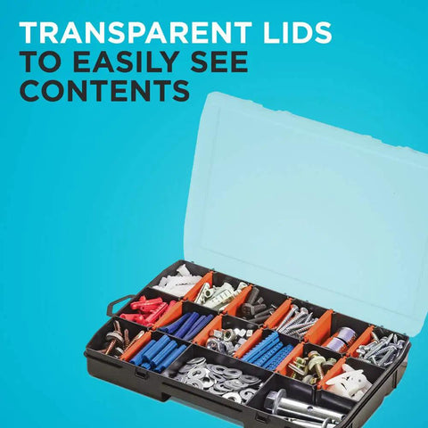 Handy Small Parts Organizer Box Set With 17 Compartments And 12 Removable Dividers, clear lid open showing contents.