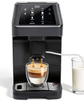 Kick Start Your Day With This Sleek Automatic Espresso Machine Packing A Built In Grinder 19 Bar Pressure And Quick Self Clean Touch Panel brewing a latte in a glass cup.