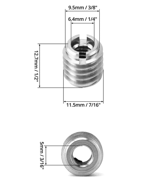 Stainless Steel Threaded Wood Insert 1/4-20 Internal Threads 5/8 Inch Long 20 Pack For Hardwoods Softwoods Plywood And Composites With External Thread For Superior Retention And Easy Screwdriver Install Heavy Duty Pro Grade showing dimensions.