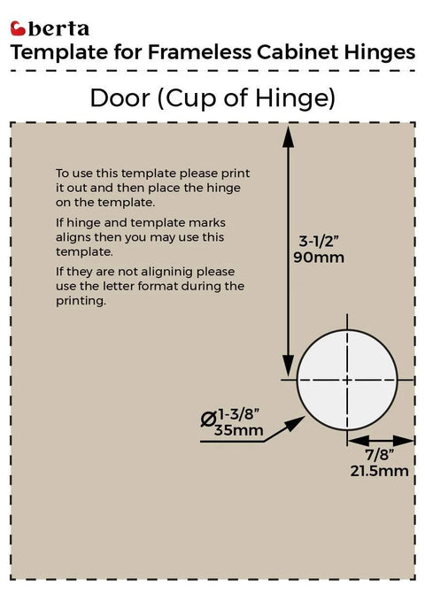 Template for frameless cabinet hinges showing dimensions for door hinge cup installation, 35mm diameter, 90mm and 21.5mm measurements.