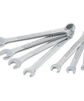 Badass Metric Combination Wrench Set 7 Piece Sleek Chrome Box End Tools Corrosion Resistant displayed on white background.