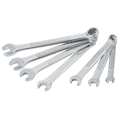 Badass Metric Combination Wrench Set 7 Piece Sleek Chrome Box End Tools Corrosion Resistant displayed on white background.