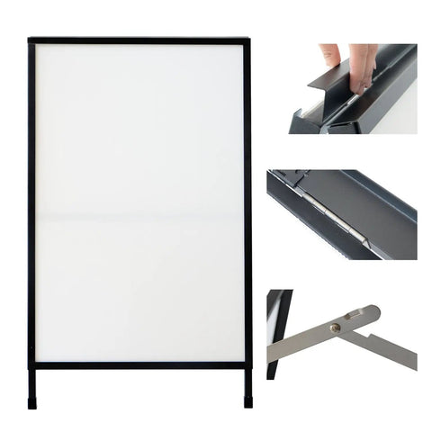 Outdoor A Frame Sidewalk Sign 24 By 36 Inch Double Sided Black Coated Steel Weatherproof Heavy Duty Frame with folding stand details