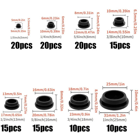 Awesome 125pc Silicone Rubber Hole Plugs Kit With 8 Sizes For Furniture And Auto Wiring. Durable Snap-Fit Round Stopper Grommets In Black. Heavy Duty Assortment Set Perfect For Sealing Holes. black silicone rubber hole plugs sizes 5mm to 25mm