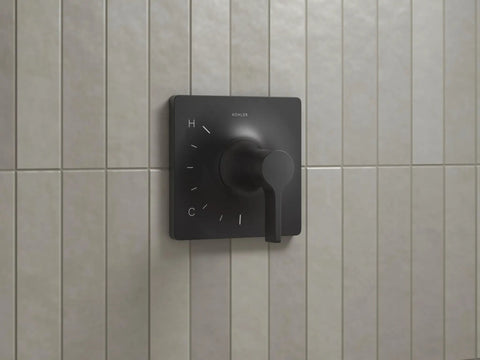 Front view of Venza Rite-Temp Bath And Shower Trim Kit With Matte Black Finish for 1.75 GPM faucets on tiled wall