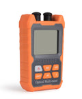 Front view of orange handheld optical multi-meter with large LCD screen, gray housing, and two black top knobs for fiber testing.