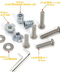 All In One Wood Fastening Kit With One Quarter Twenty Threaded Inserts Tee Nuts Bolts And Washers set displayed on white background