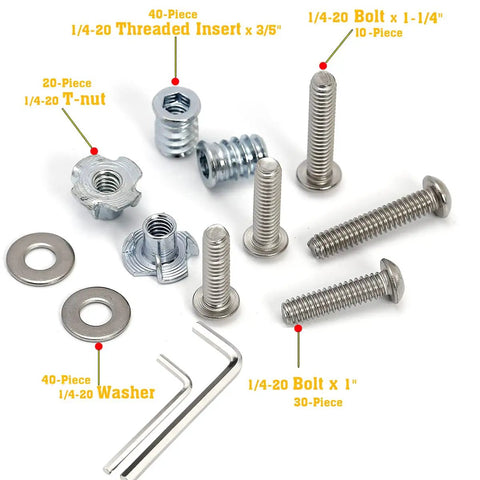 All In One Wood Fastening Kit With One Quarter Twenty Threaded Inserts Tee Nuts Bolts And Washers set displayed on white background