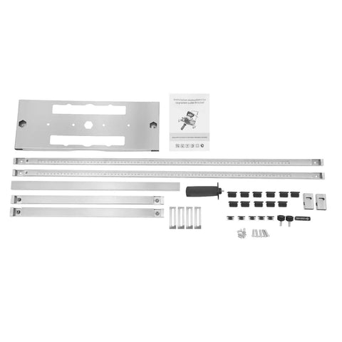Pro Grade Circular Saw Edge Guide Kit contents including stainless steel frame, adjustable ruler, and accessories for precise cuts.