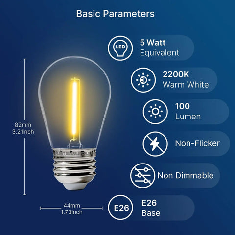 Diagram of LED bulb with specifications for 30 Pack LED S14 Replacement Bulbs For Outdoor String Lights, E26 Base, 2200K Warm White